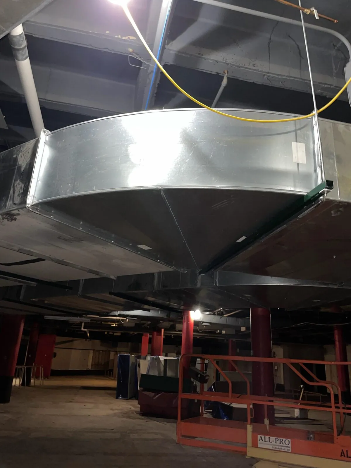 Large galvanized rectangular HVAC duct trunk and transition fittings